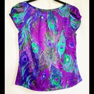 Banana Republic Teal & Purple Peacock-Print Cap Sleeve Top